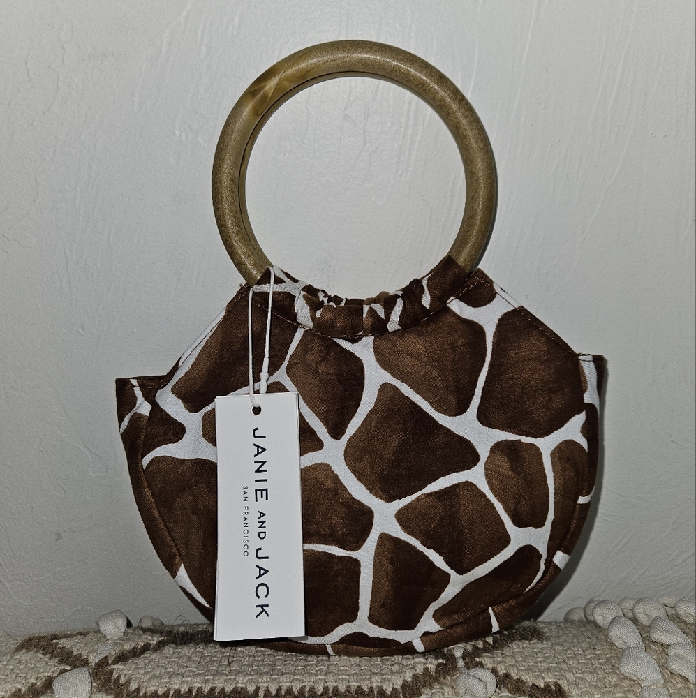NWT! Janie and Jack Girls Purse Giraffe Wooden Ring Handle Animal Print NEW - Picture 2 of 12